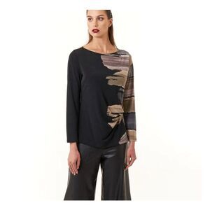 Clara Sun Woo Stretch Blouse Black Brushstroke Design Twist Waist Size Large